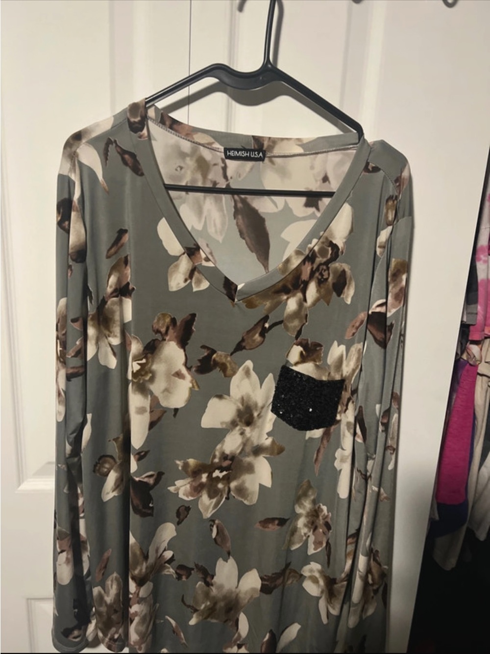 HEIMISH USA Olive Floral V-Neck Long Sleeve Top with Black Sequin Pocket Accent